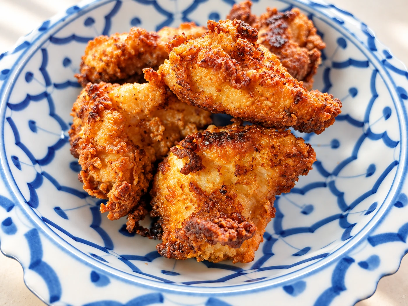 Golden karaage fried chicken on a blue-and-white plate